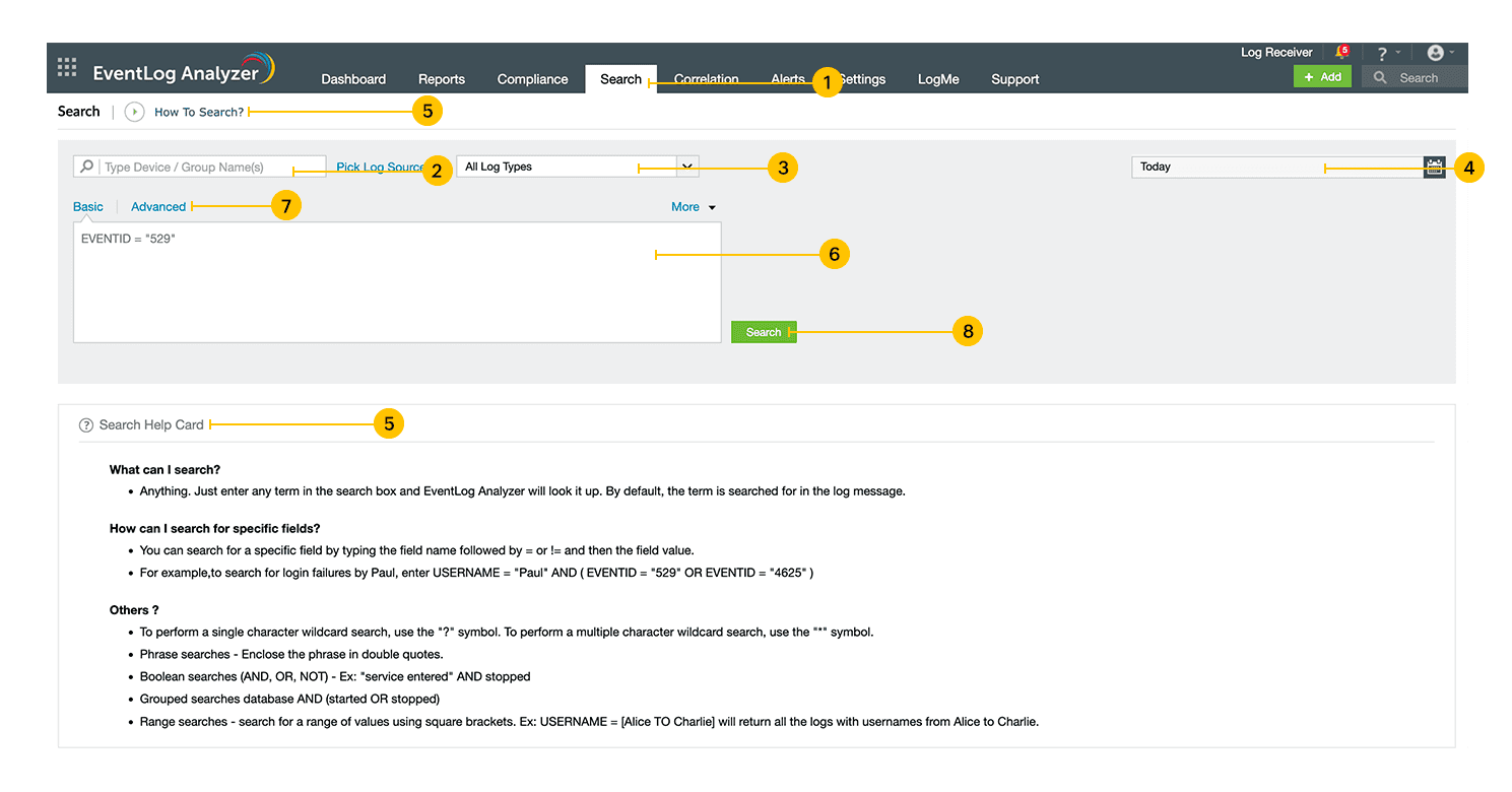 EventLog Analyzer 中的日志搜索
