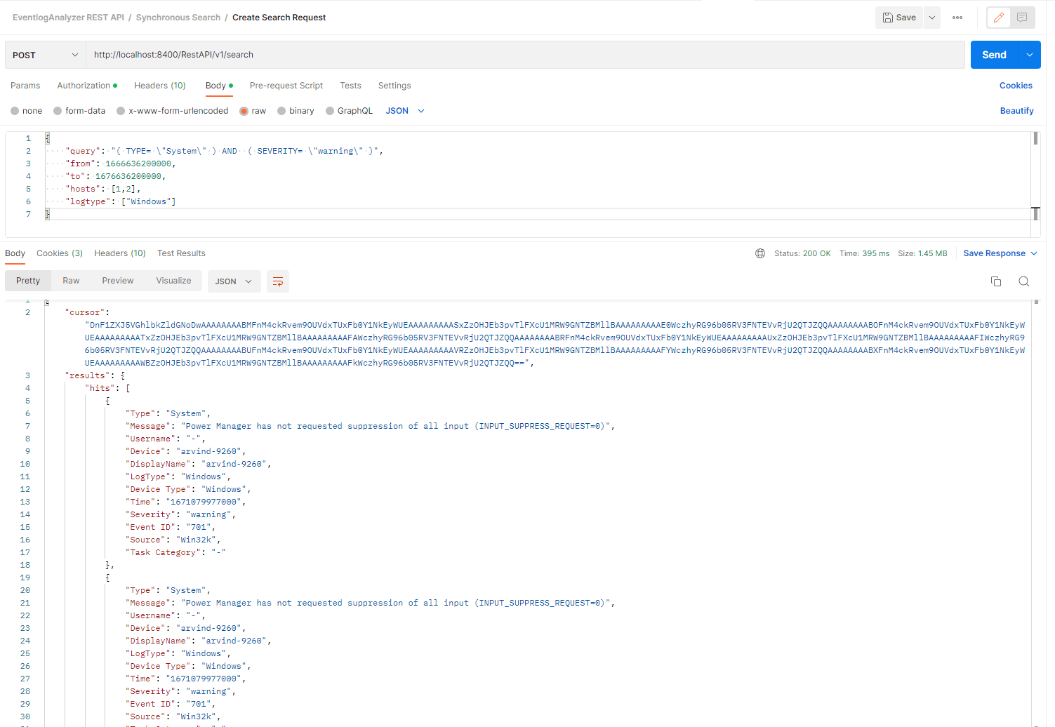 Synchronous Search API EventLog Analyzer