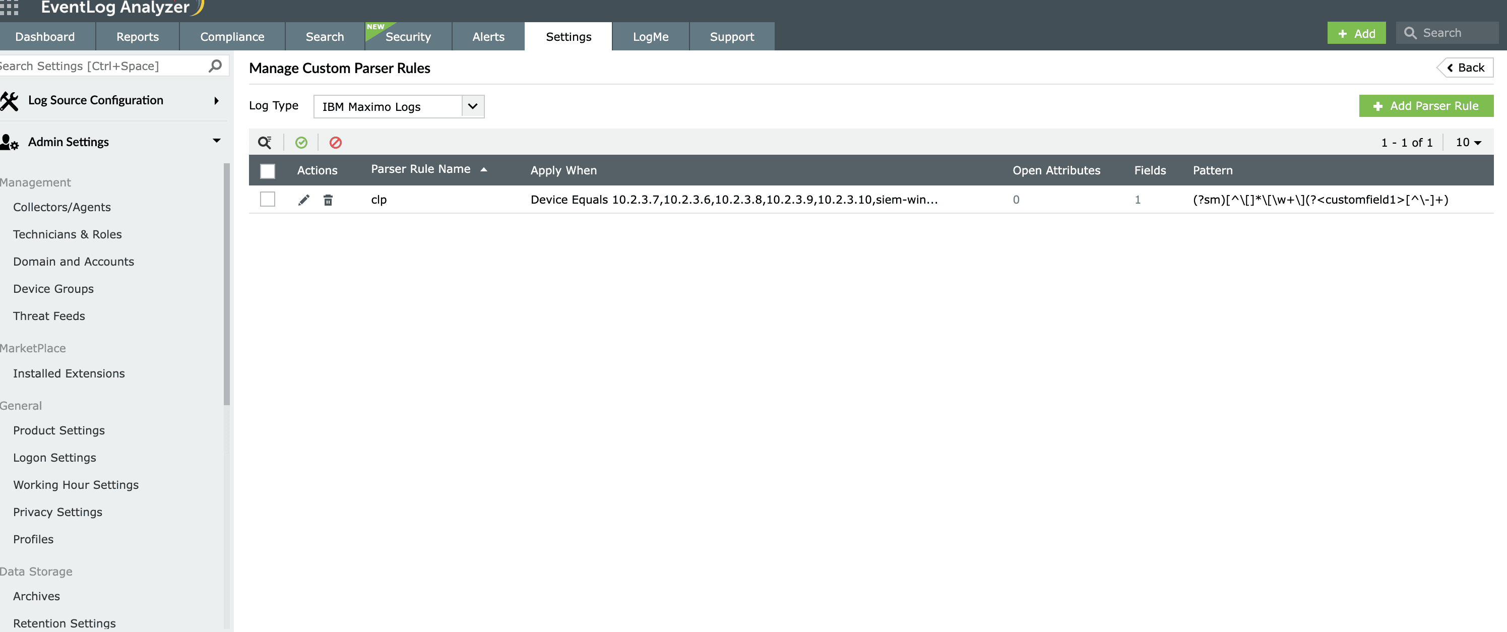Custom parser rule management console in EventLog Analyzer