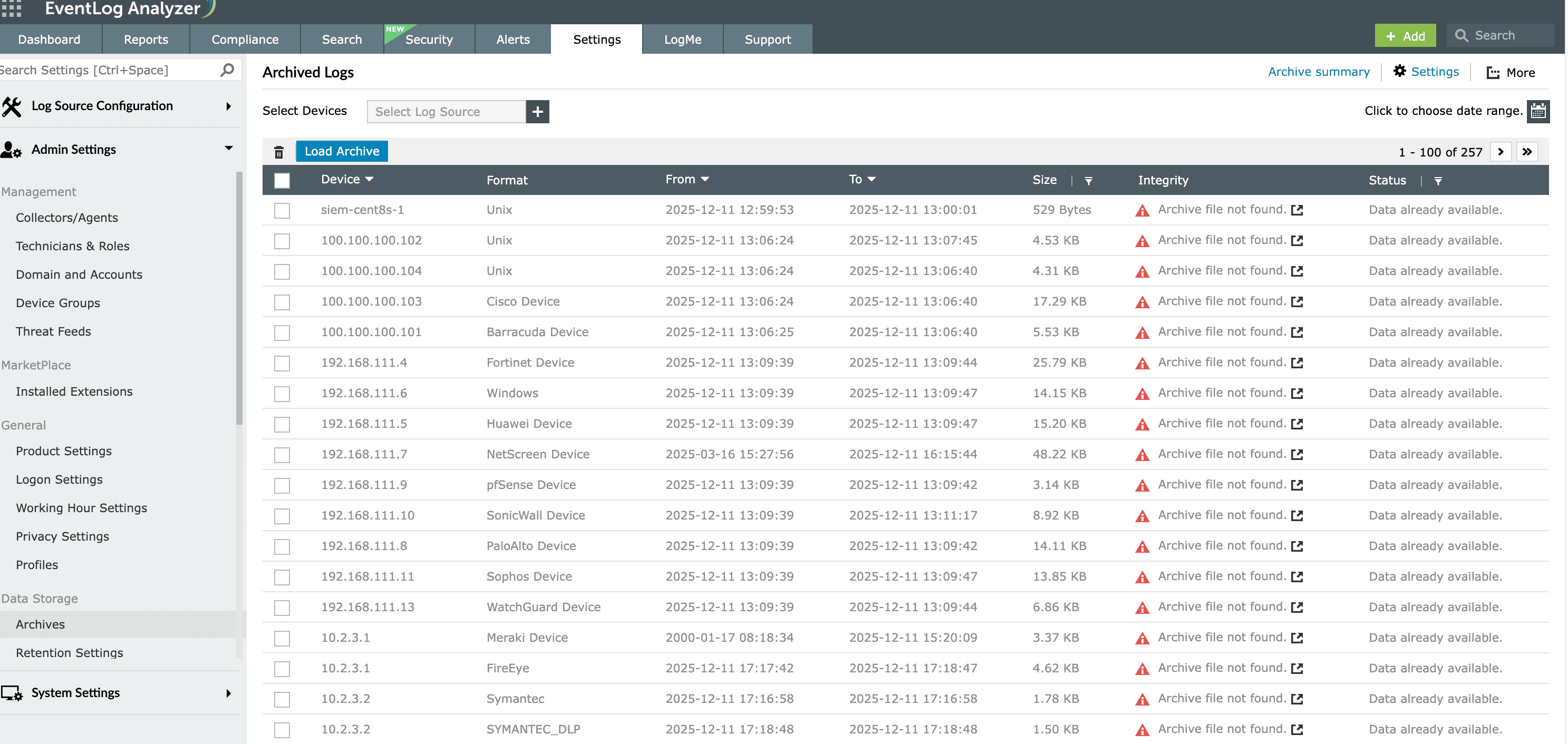 Log archival console in EventLog Analyzer