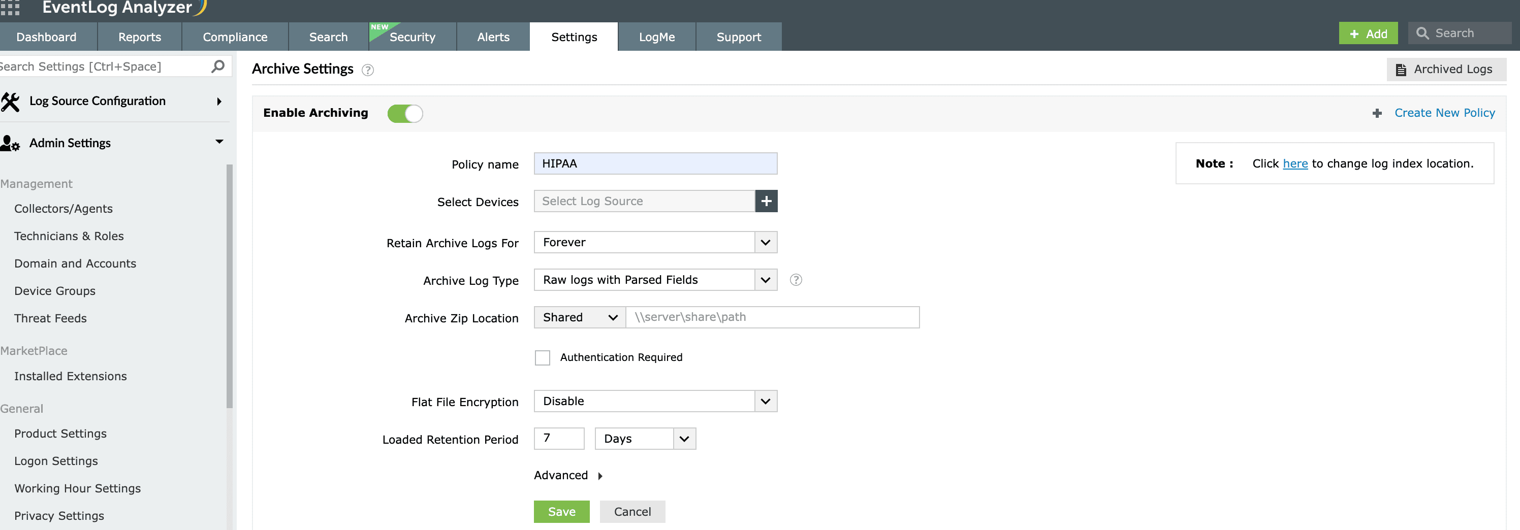 Log archive settings in EventLog Analyzer for archiving event logs