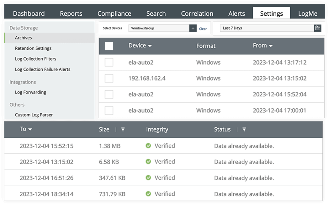 Log archiving for forensic analysis