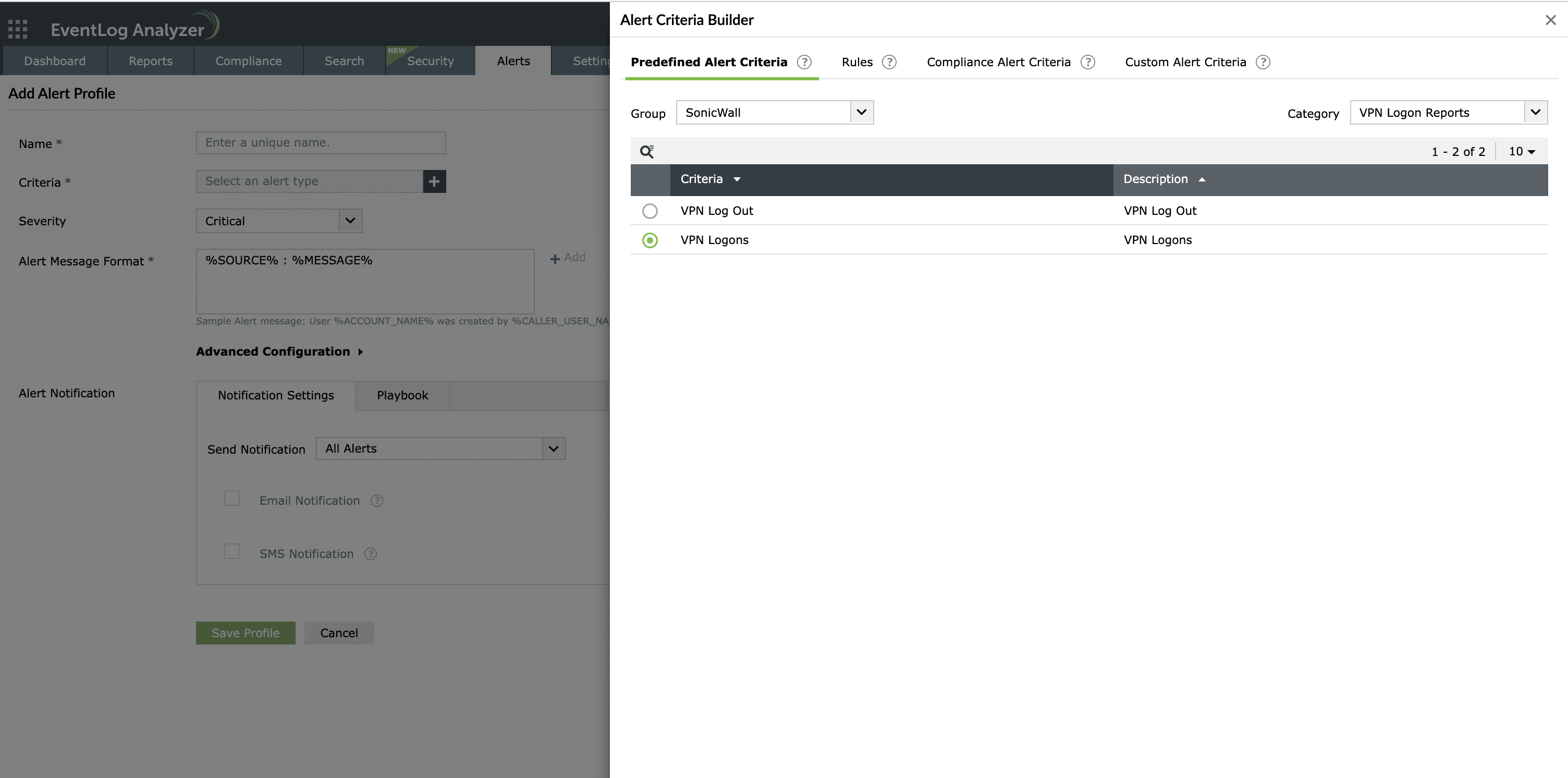 SonicWall VPN logon alert for active VPN access auditing
