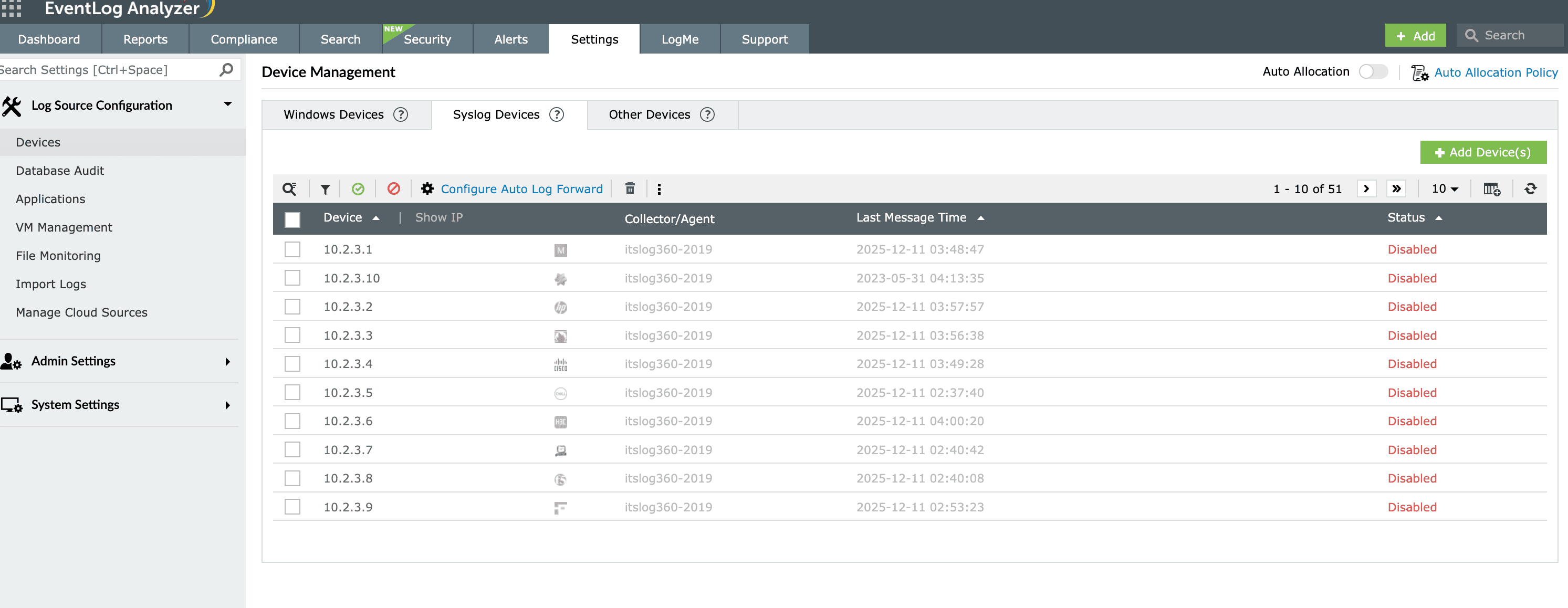 EventLog Analyzer's log source configuration console for log collection.