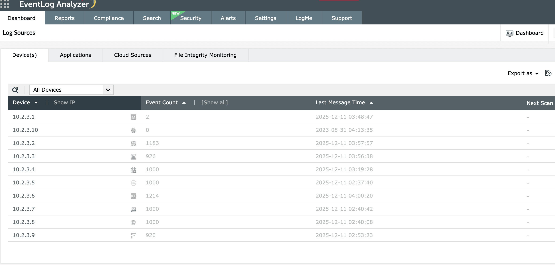 The universal log collection console in EventLog Analyzer for managing various log sources.