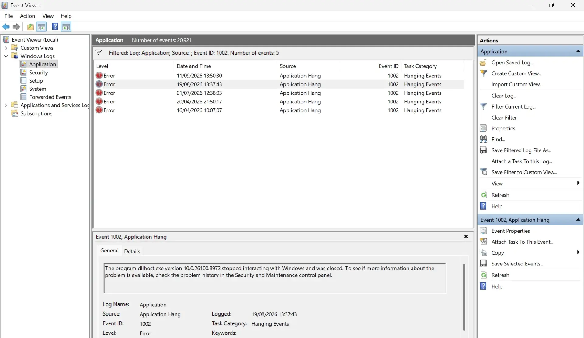 Windows event id 1002