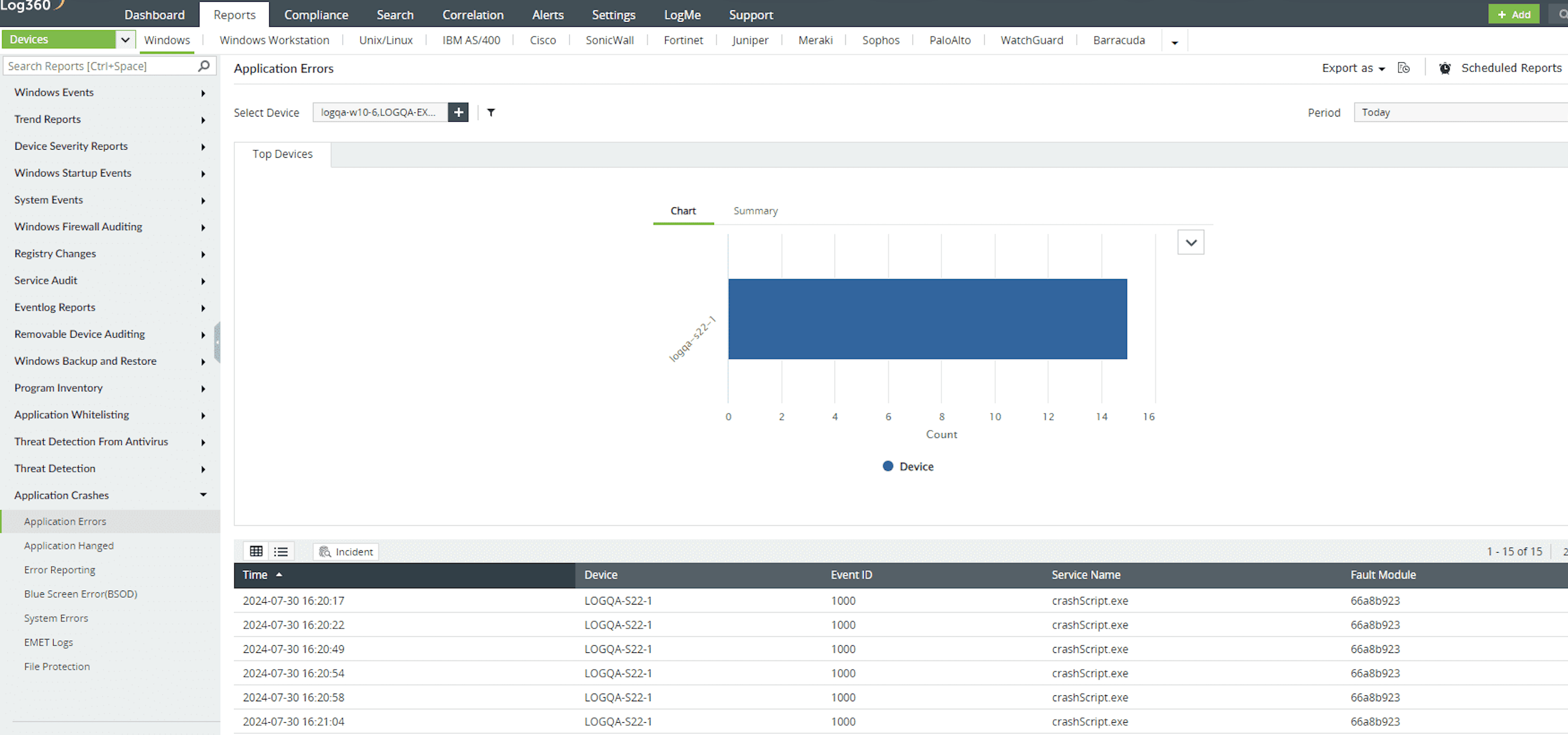 Application error (Event ID 1000) report in EventLog Analyzer