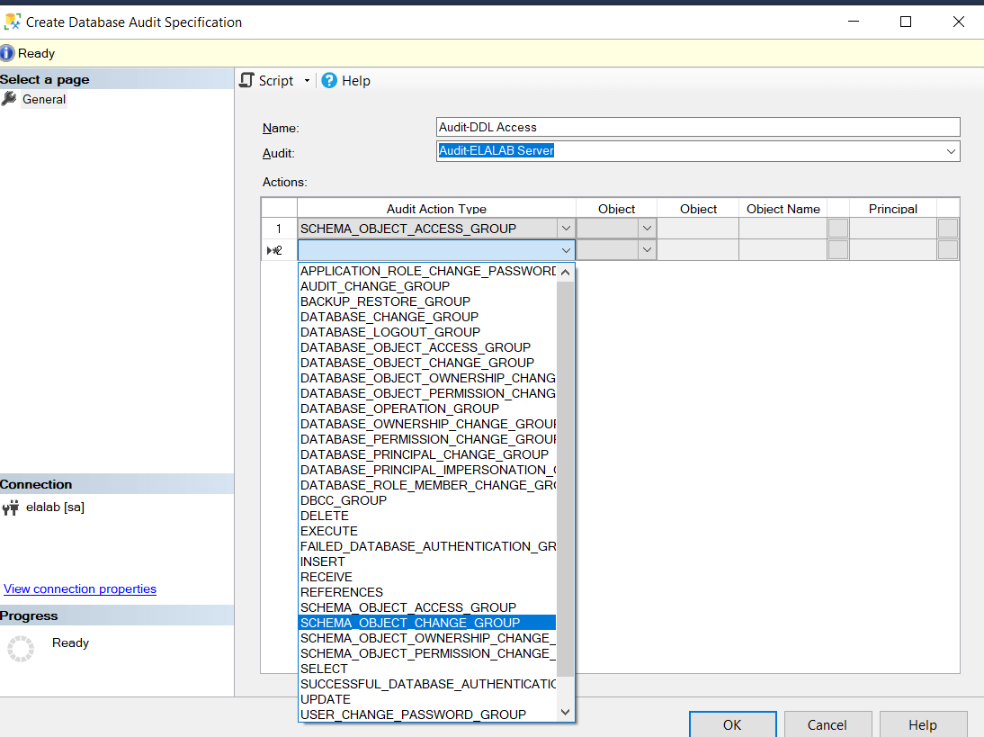 image showing how to create a database audit specifications