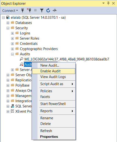 image shows how to enable audit in the object explorer window