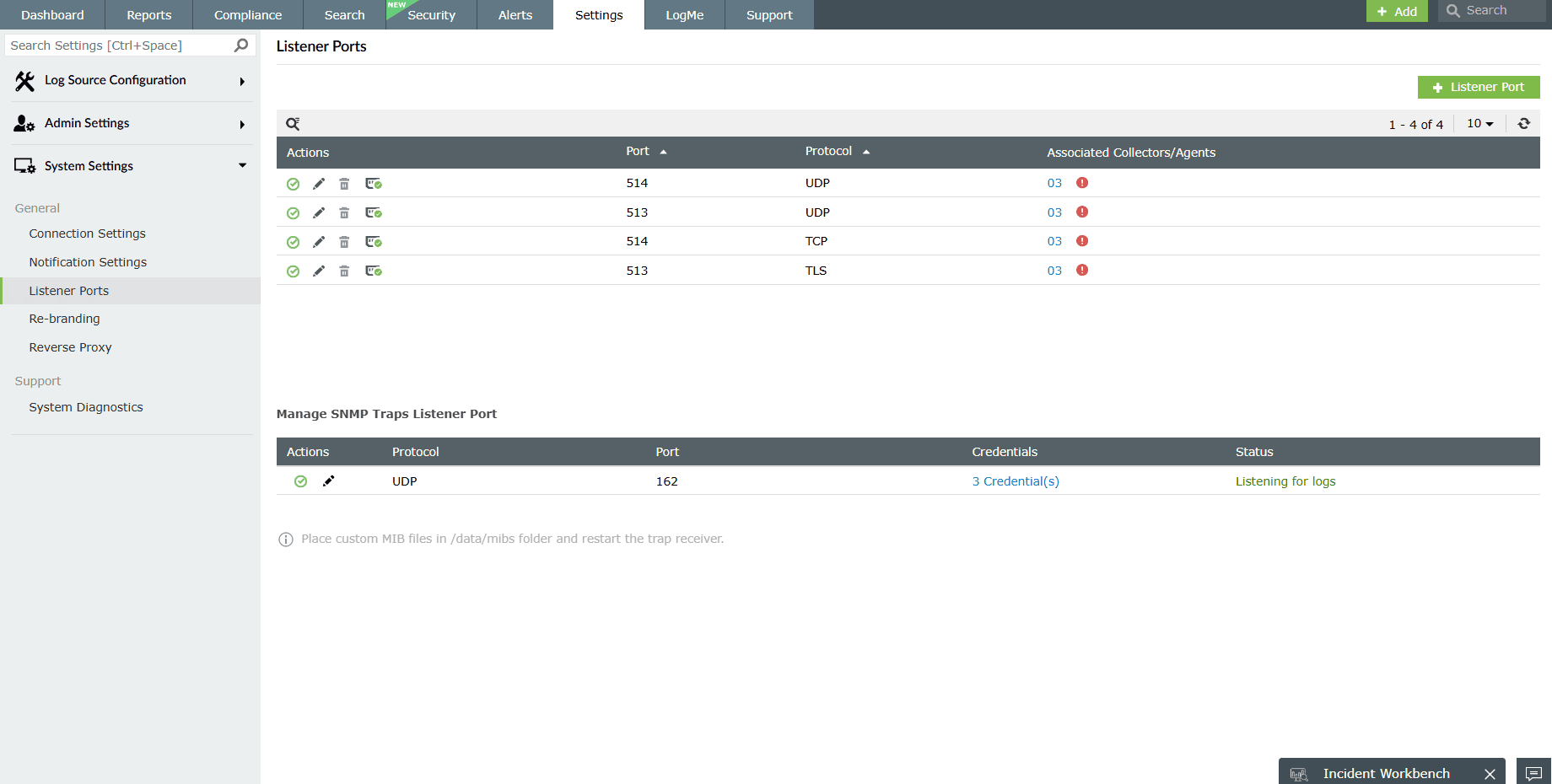 EventLog Analyzer listener ports tab showing default TCP and UDP ports 513 and 514 configured.