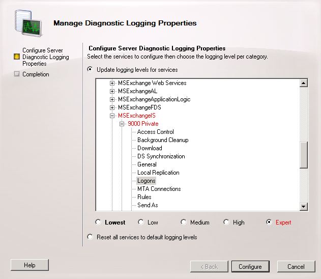 Configuring Diagnostic logging On Exchange Server 2007 and 2010 using Exchange Management Console