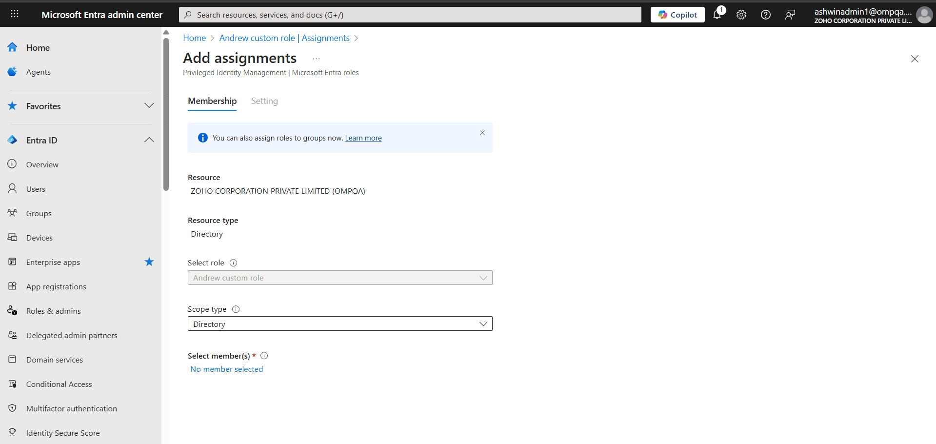The Add assignments page in the Microsoft Entra admin center showing options to select a role, scope type, and members for assignment.