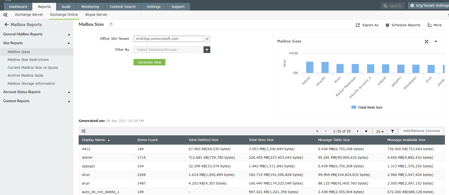 Exchange Online mailbox size reports