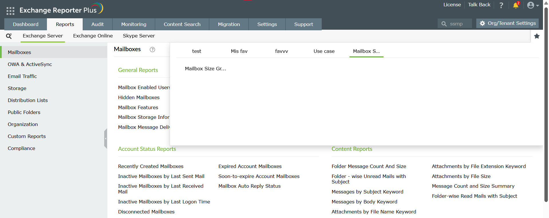 Mailbox features for Exchange Reporter Plus