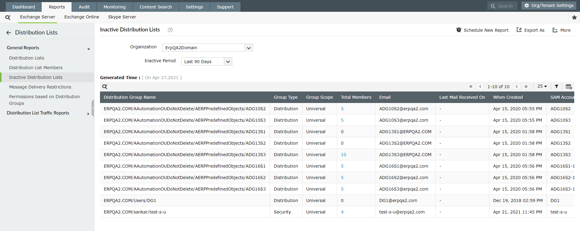 Identify inactive distribution lists using Exchange Reporter Plus