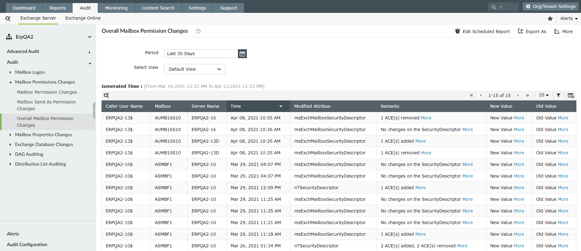 Track mailbox permission changes with Exchange Reporter Plus