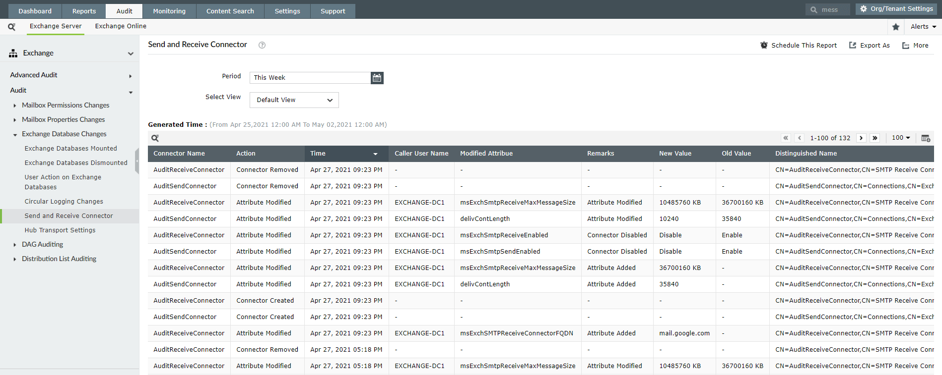 Audit changes to send and receive connectors using Exchange Reporter Plus