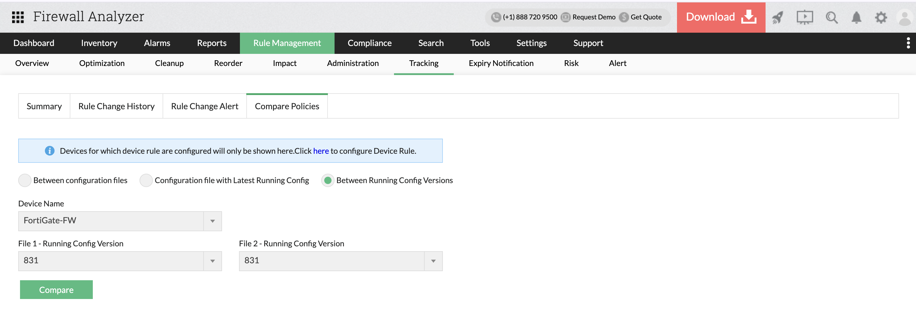 Summary Rule tracking in Firewall Analyzer: Policy comparison