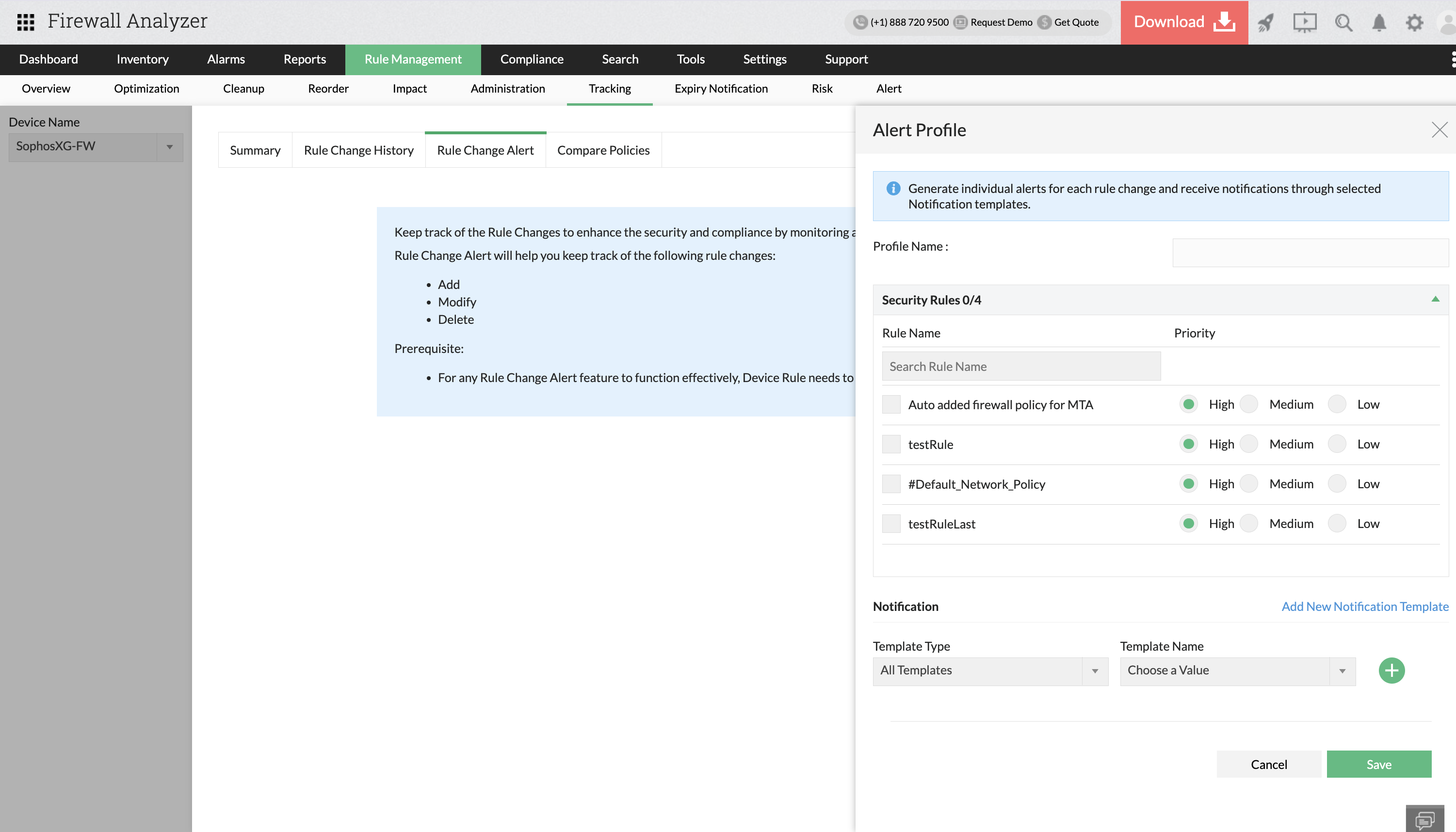 Summary Rule tracking in Firewall Analyzer: Rule change alert
