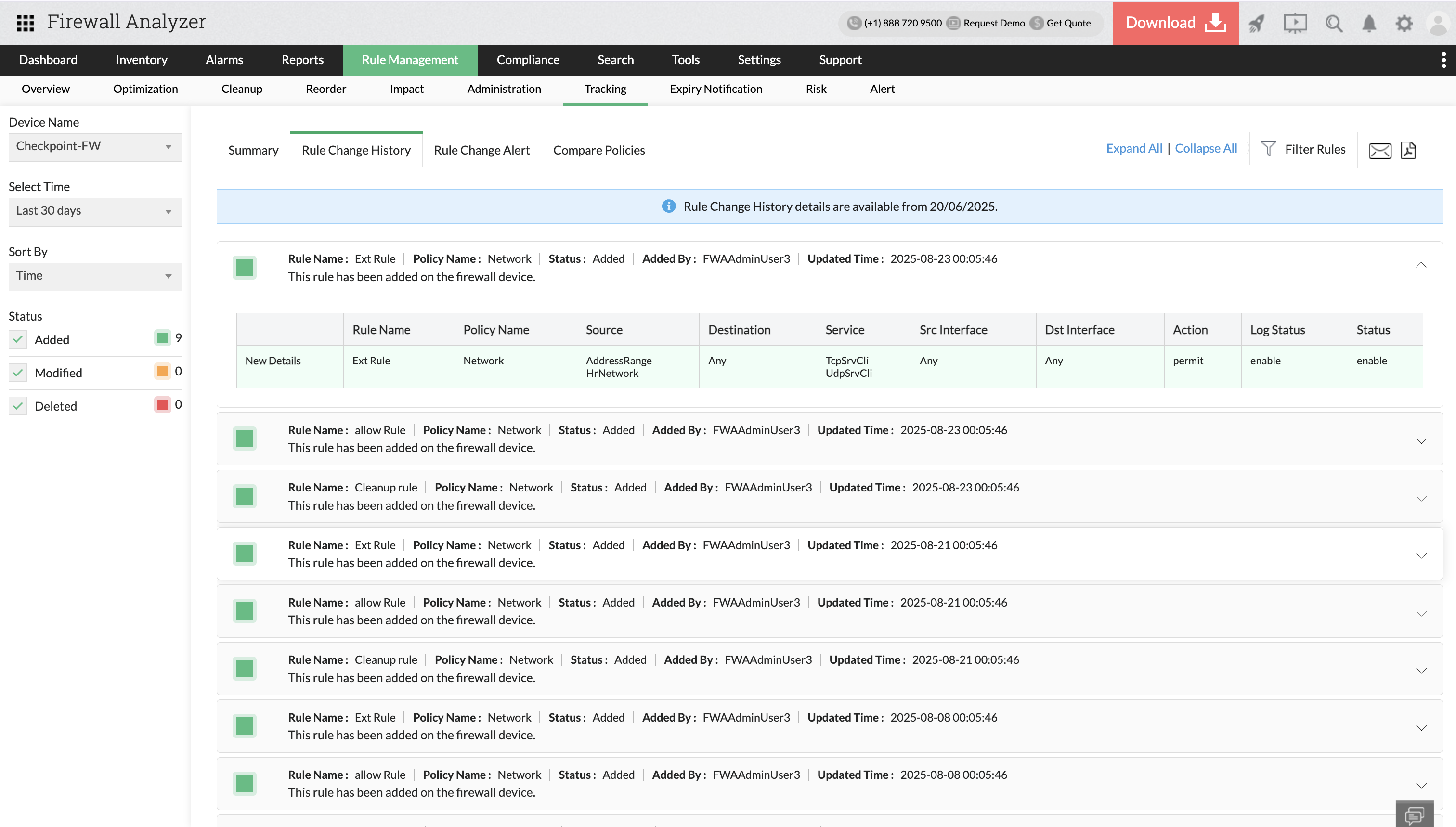 Summary Rule tracking in Firewall Analyzer: Rule change history