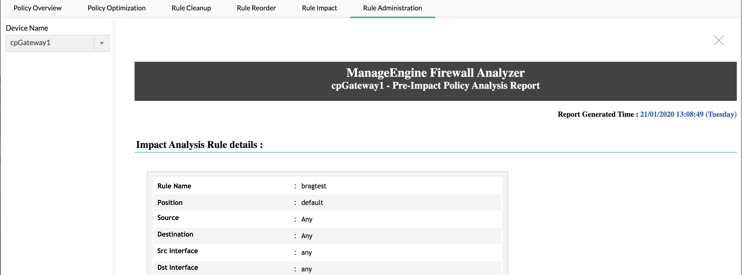 Review impact of firewall rule over existing rule set - Configuring firewall rules - ManageEngine Firewall Analyzer