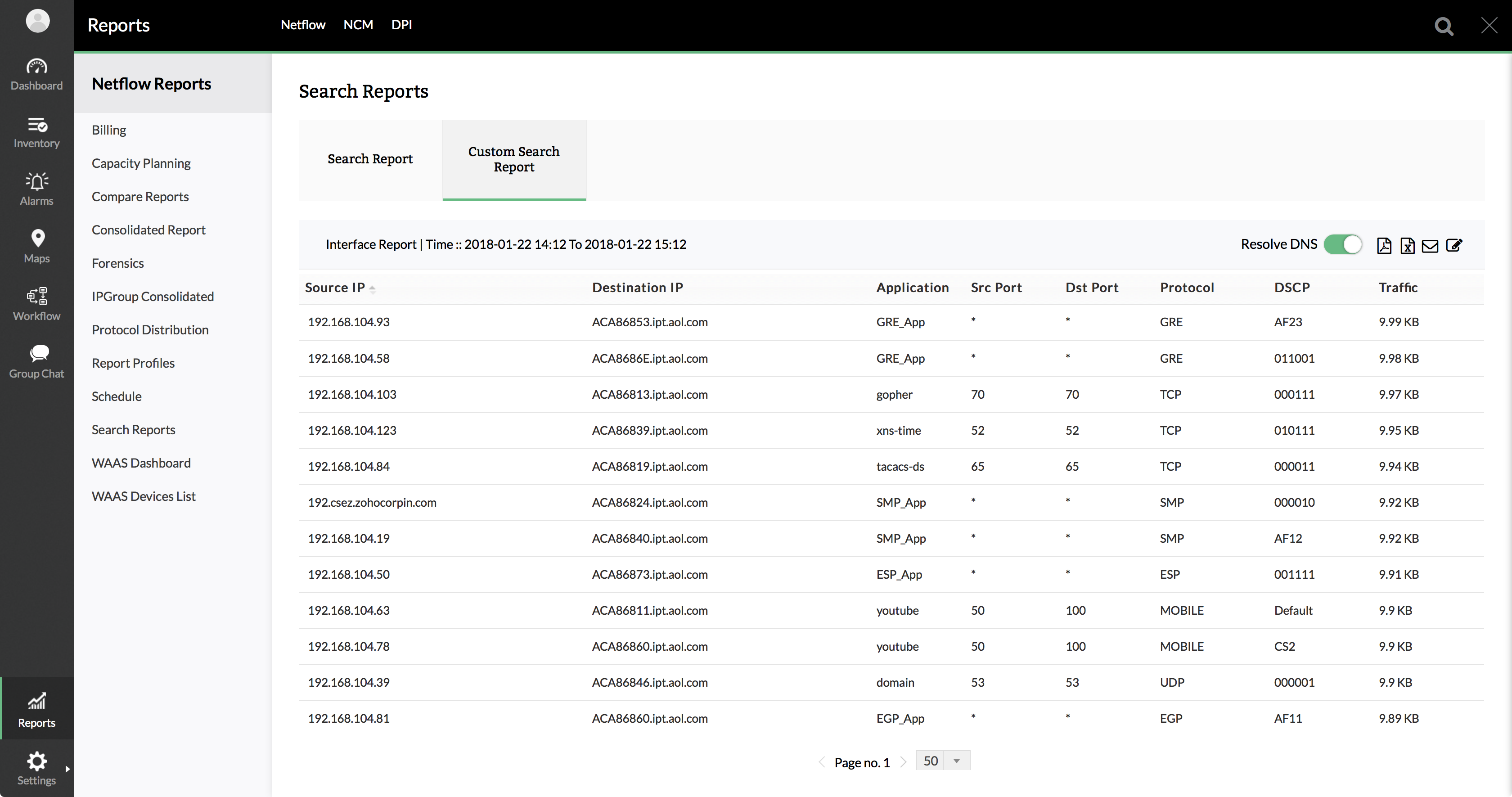 JFlow Custom Search report - ManageEngine NetFlow Analyzer