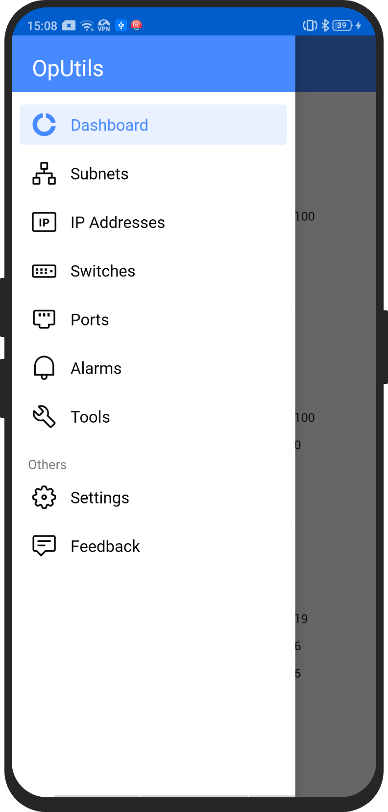 Vista móvil android de las herramientas de OpUtils