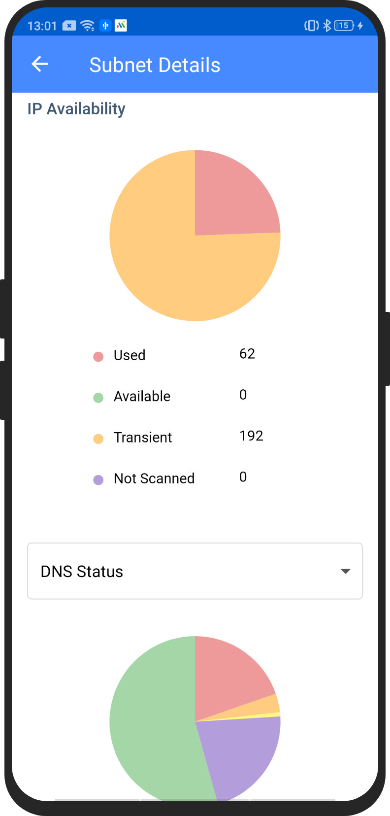Vista móvil android de la herramienta de detalles de subredes de OpUtils