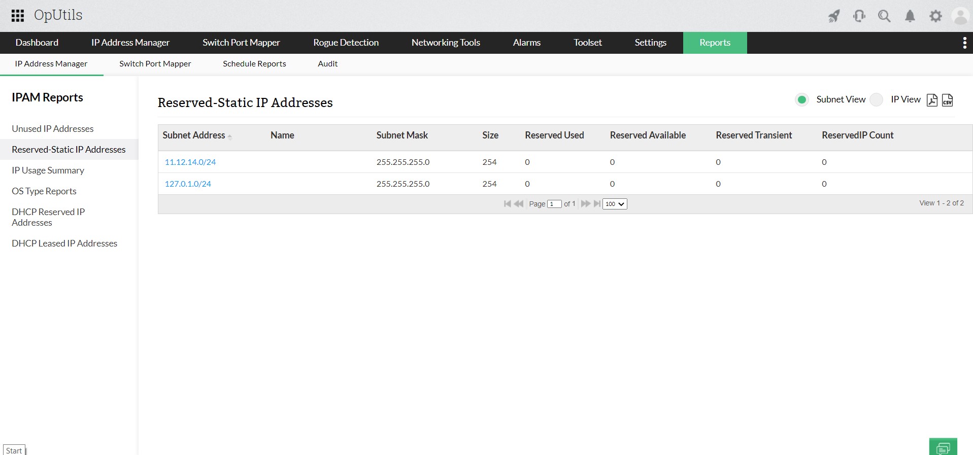 Dashboard de reportes de escáner de IP de OpUtils