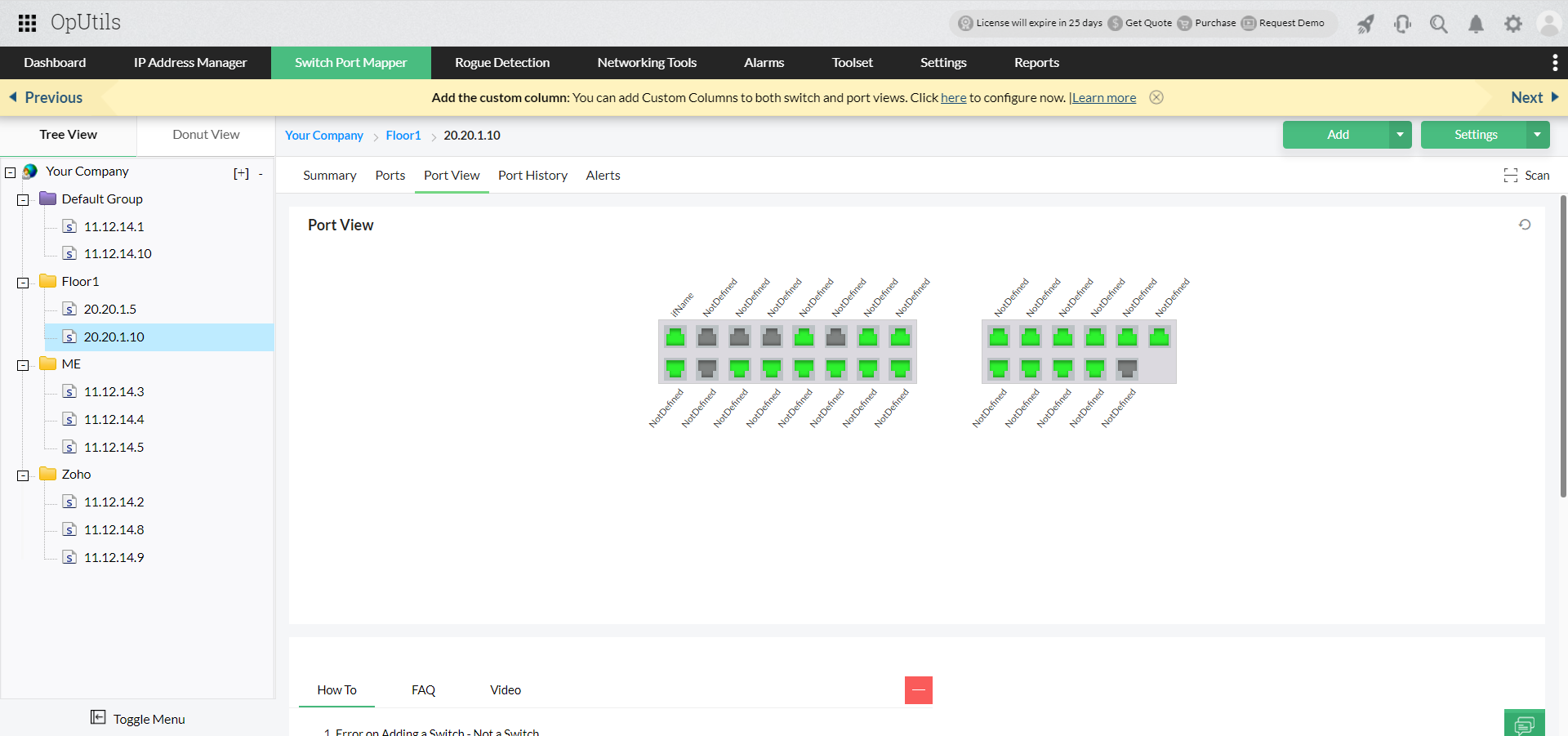 Dashboard de vista de puertos de red de OpUtils