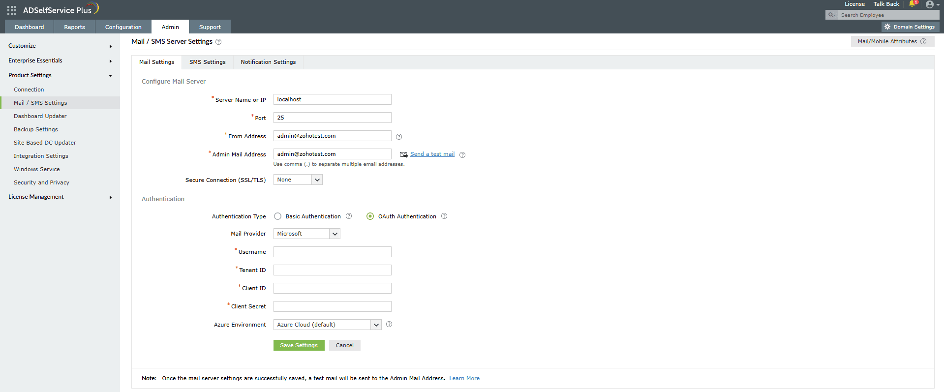 إعدادات خادم البريد لمصادقة OAuth في ADSelfService Plus.