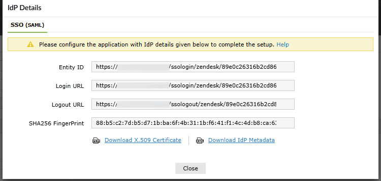 تفاصيل موفّر الهوية (IdP) في ADSelfService Plus لـ SSO الخاص بـ Zendesk