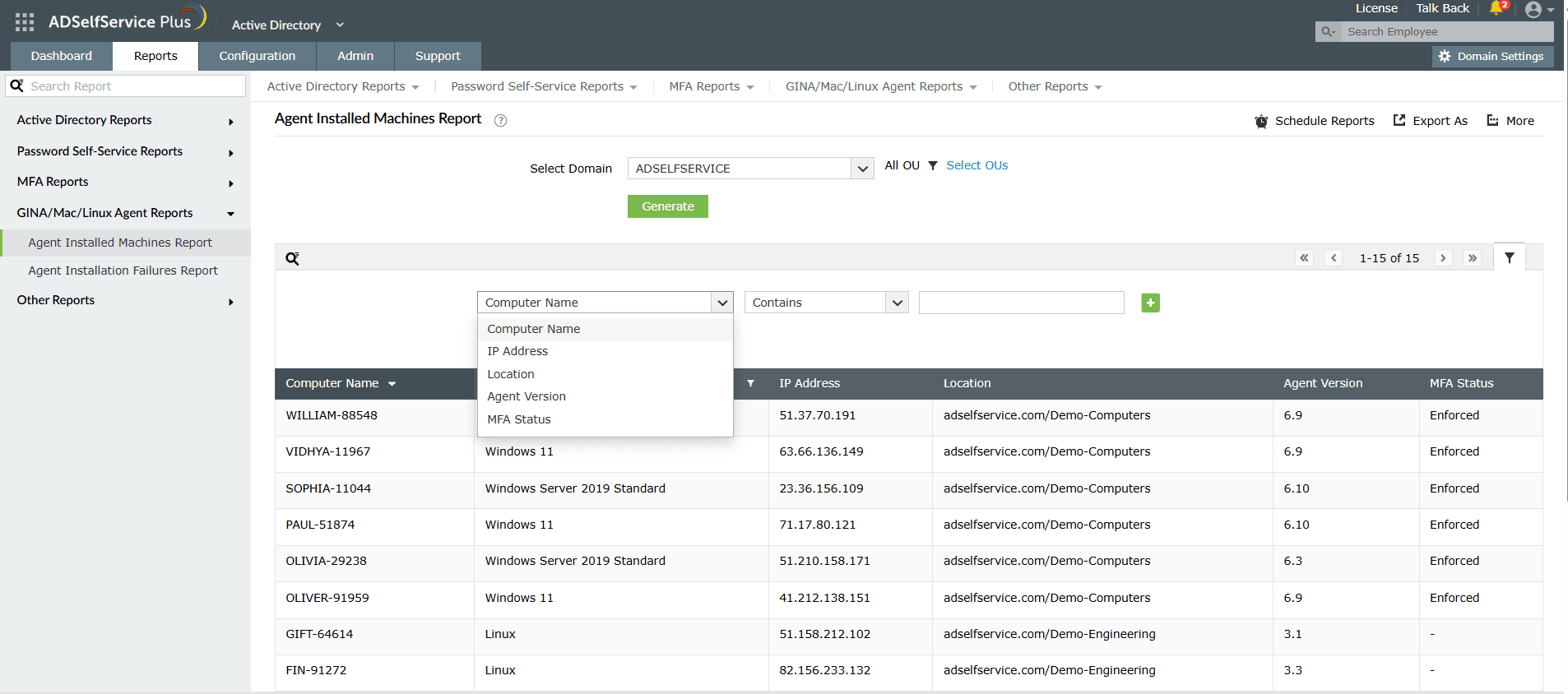 Agent Installed Machines Report in ADSelfService Plus