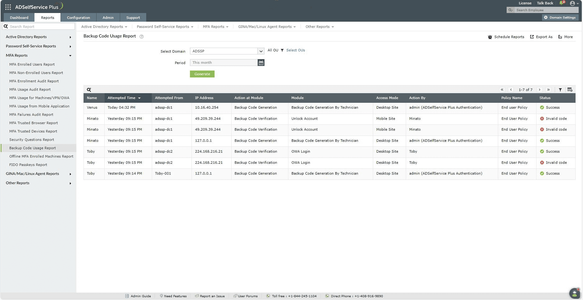Backup Code Usage Report