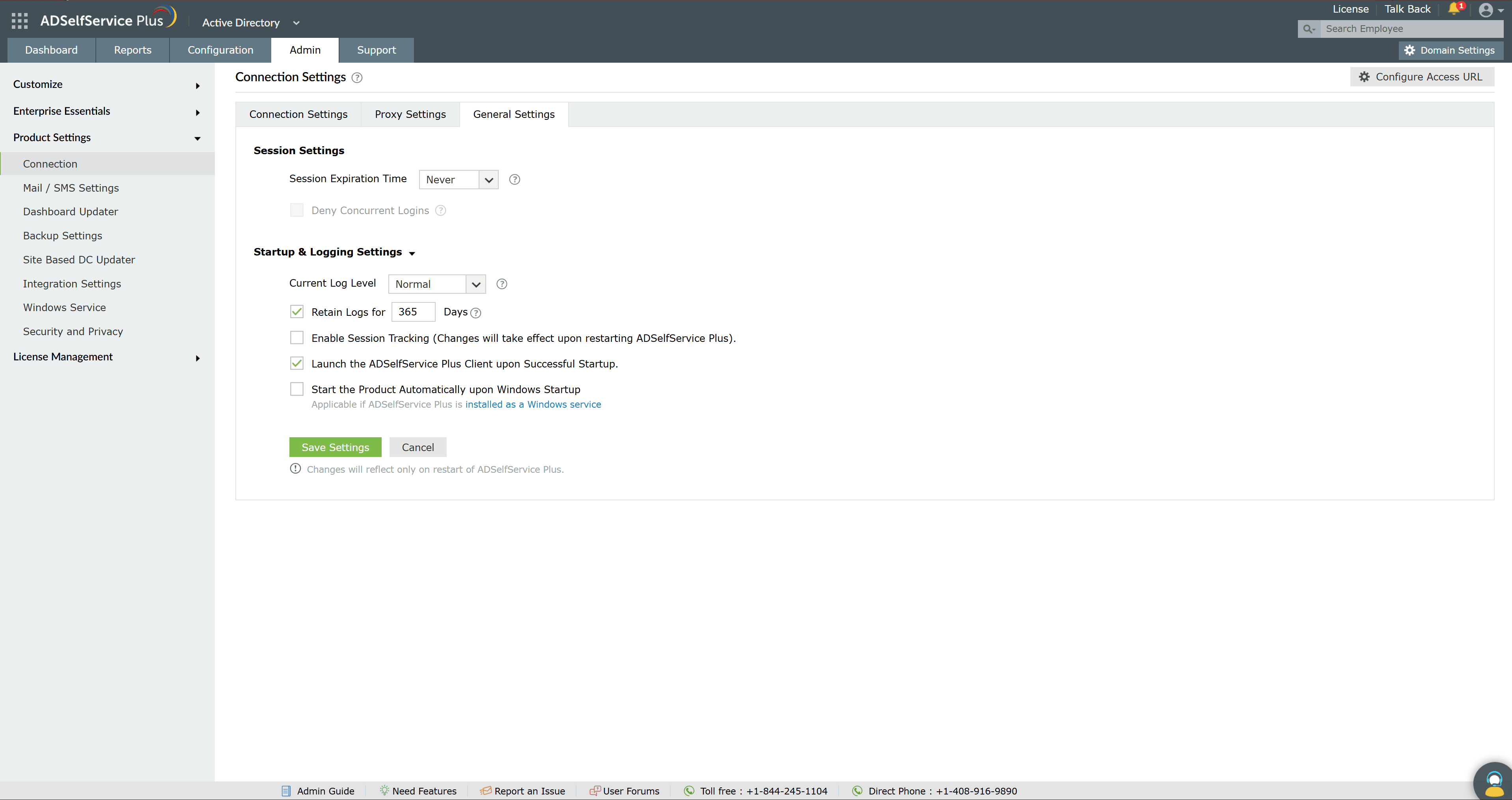 The Proxy Settings tab in the Connection Settings page with fields for configuring the proxy server parameters used by the application.