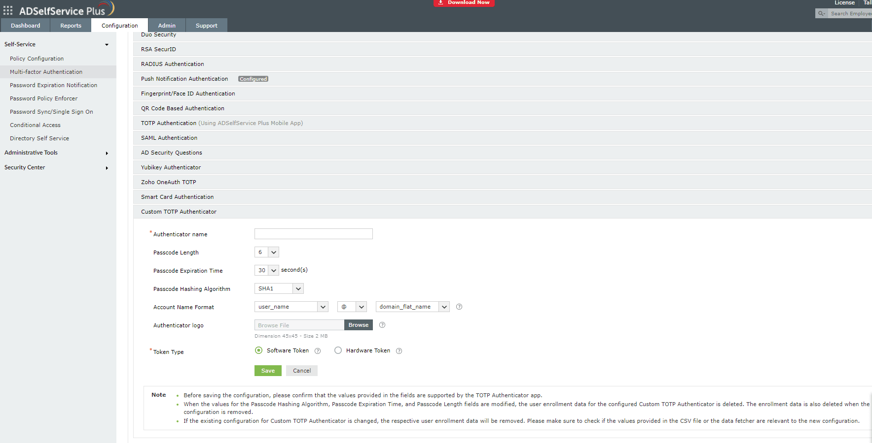 Custom TOTP authenticator configuration in ADSelfService Plus