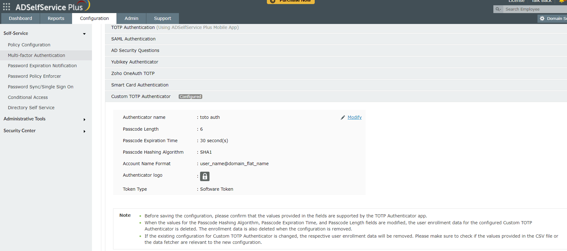 Modifying the Custom TOTP authenticator configuration in ADSelfService Plus