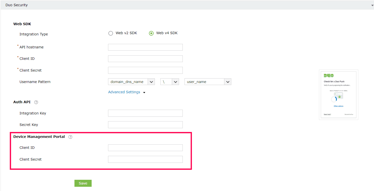 Duo Security MFA web management portal in ADSelfServicePlus