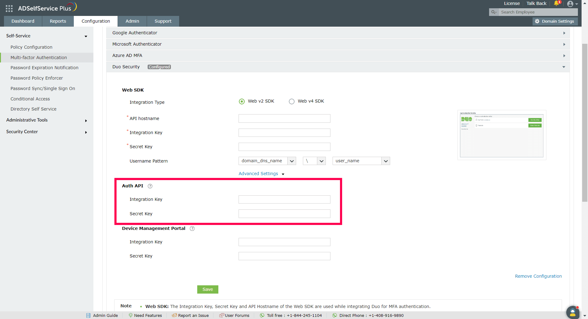 Duo Security MFA web2 SDK auth API configuration in ADSelfService Plus