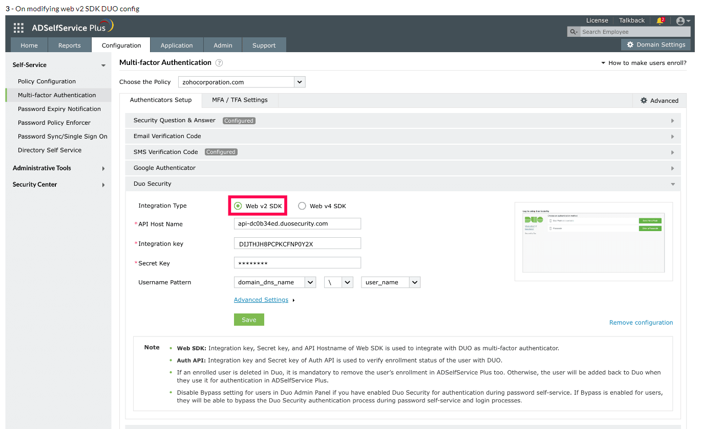 Duo Security MFA web2 configuration SDK in ADSelfService Plus