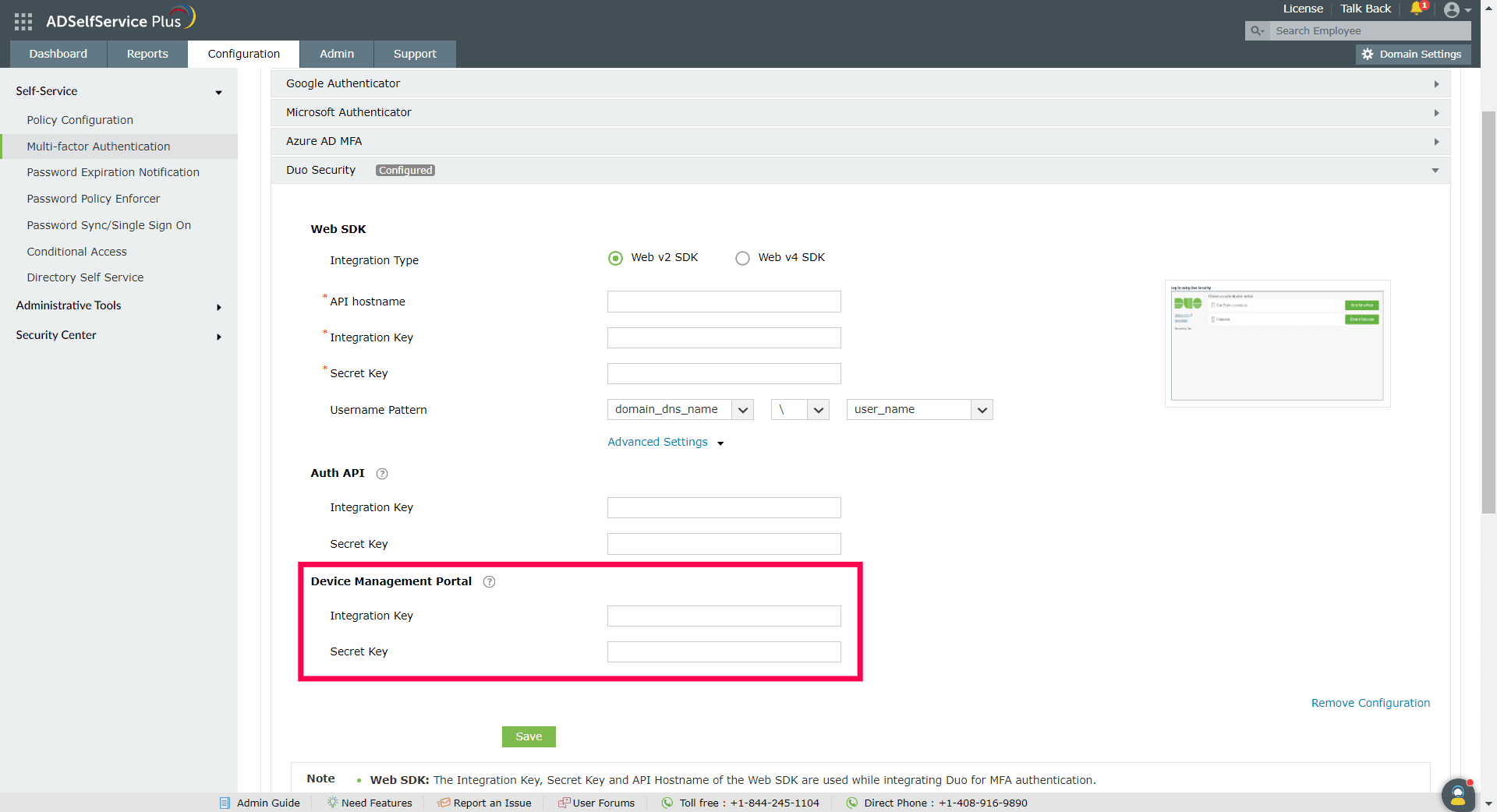 Duo Security MFA web2 SDK device management portal in ADSelfService Plus