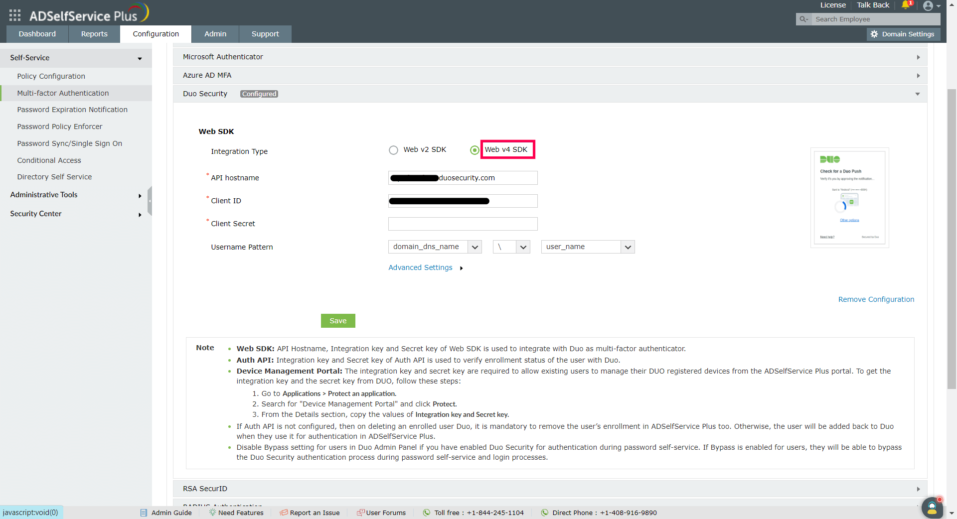 Duo Security MFA web4 SDK in ADSelfServicePlus