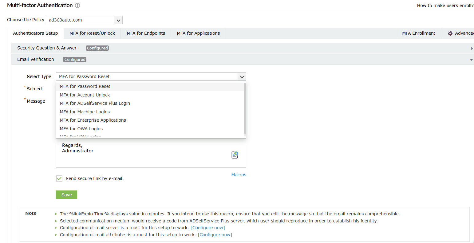 Email Verification authenticator in ADSelfServicePlus
