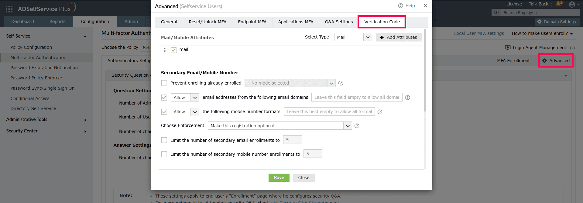 Advanced Email Verification settings in ADSelfServicePlus