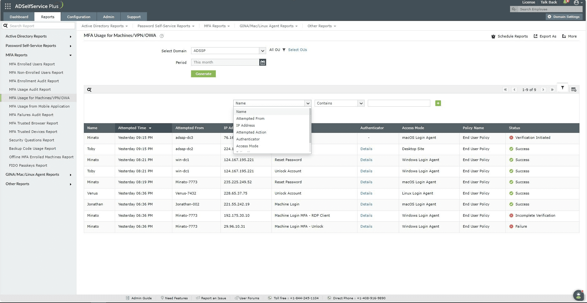 Customizing MFA Usage for Machines/VPN/OWA report in ADSelfService Plus