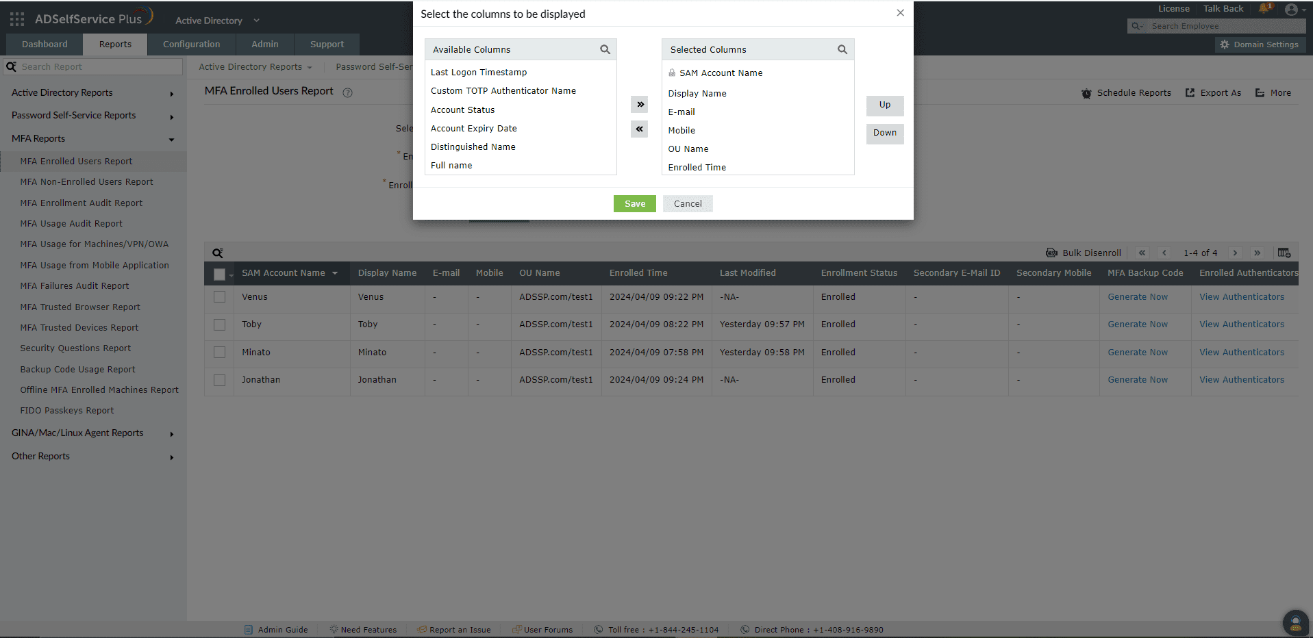 MFA non-enrolled users report in ADSelfService Plus