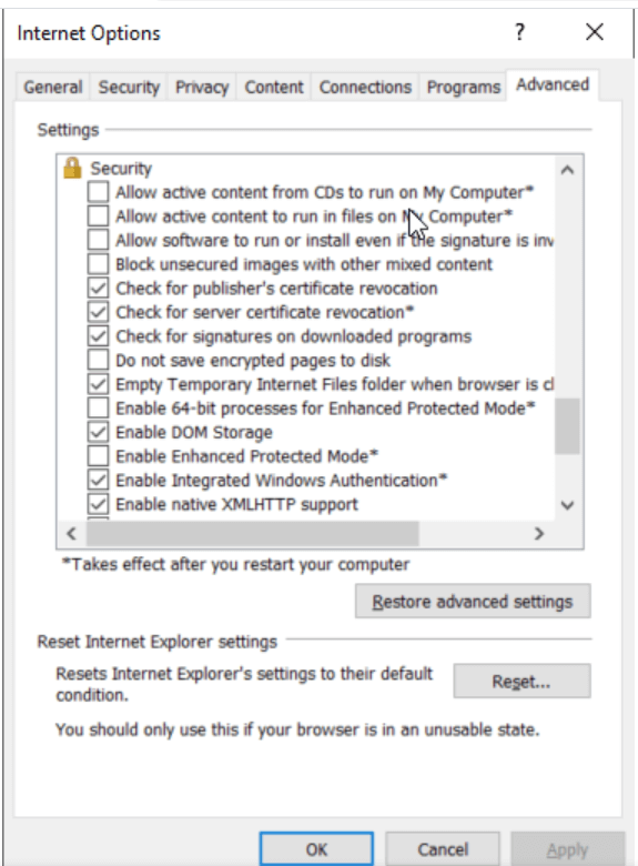 Changing settings in Internet Explorer