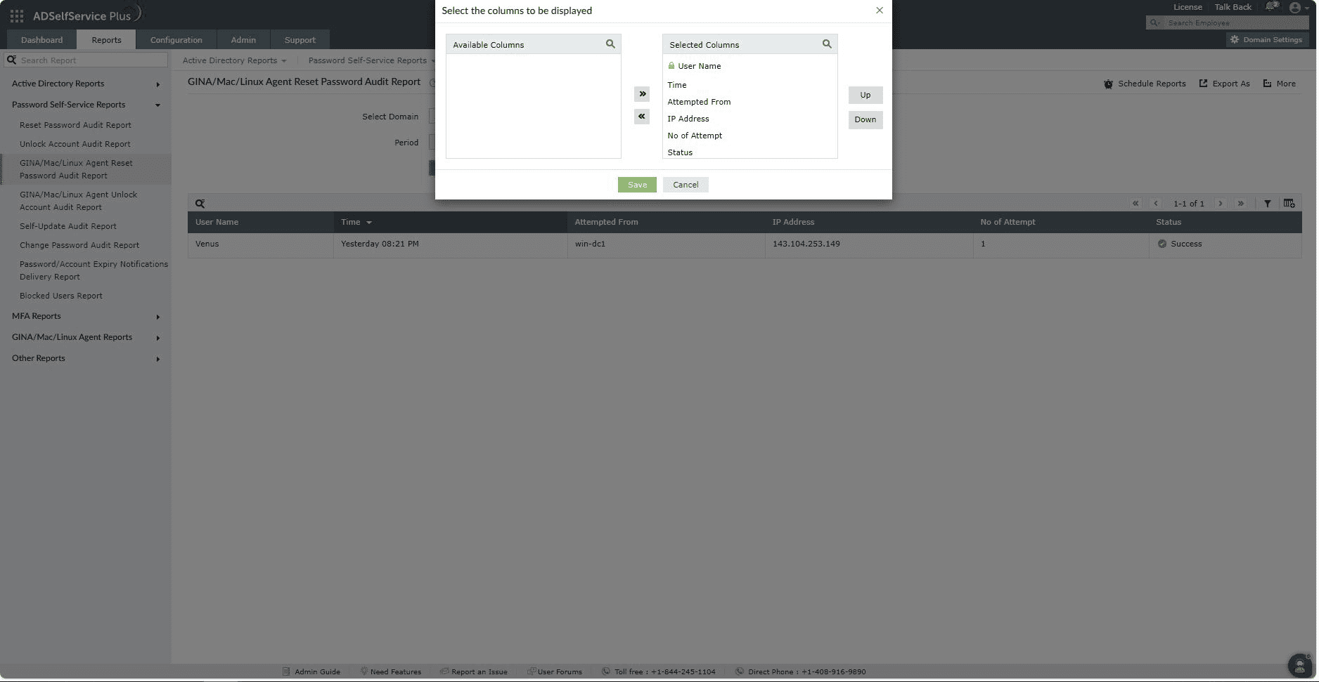 Agent reset password audit report in ADSelfService Plus