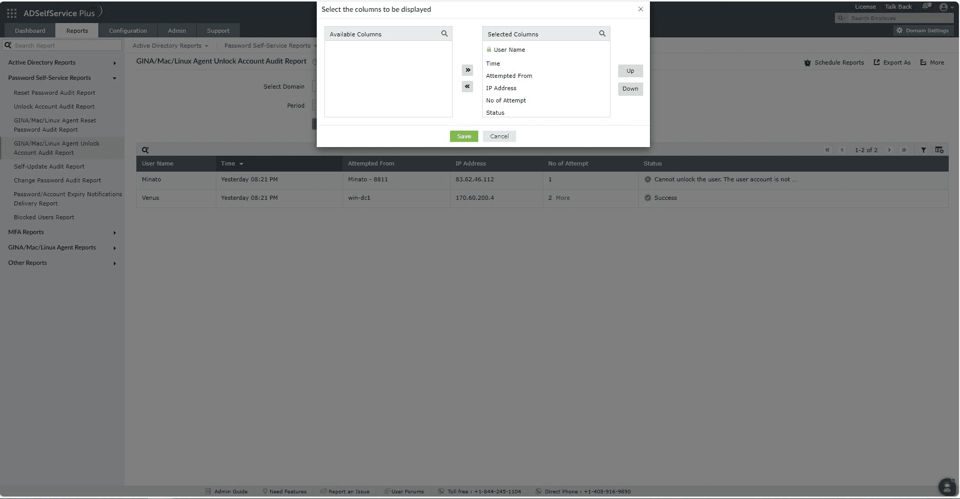 Agent unlock account audit report in ADSelfService Plus