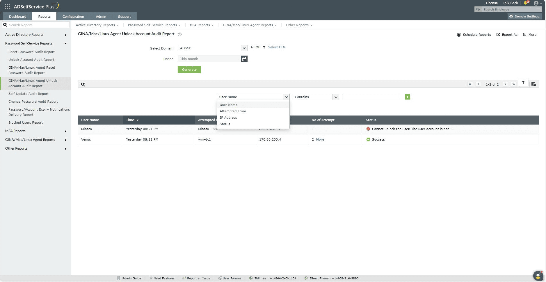 Agent unlock account audit report in ADSelfService Plus